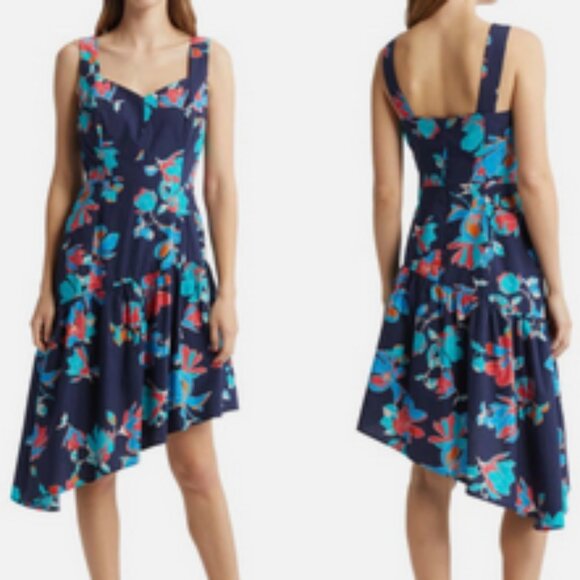 NWT Du Paradis Summer Night floral asymmetric-hem cotton midi dress sz M - Picture 1 of 15